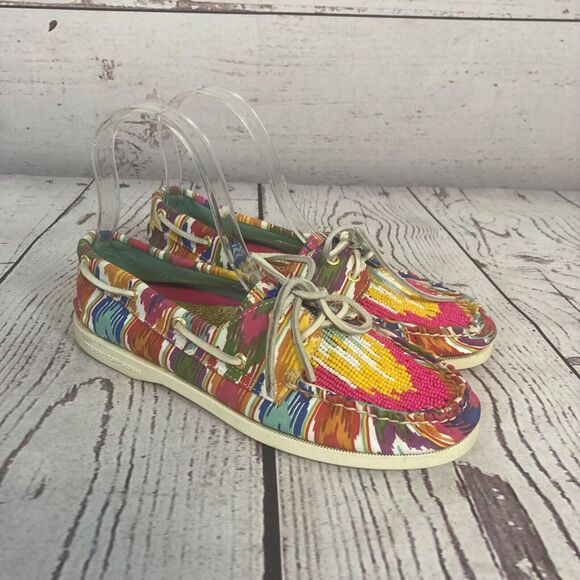 Sperry‎ Top Sider Shoes Womens 7.5 Beaded Fabric Rainbow Core Colors Loafers - Picture 1 of 8